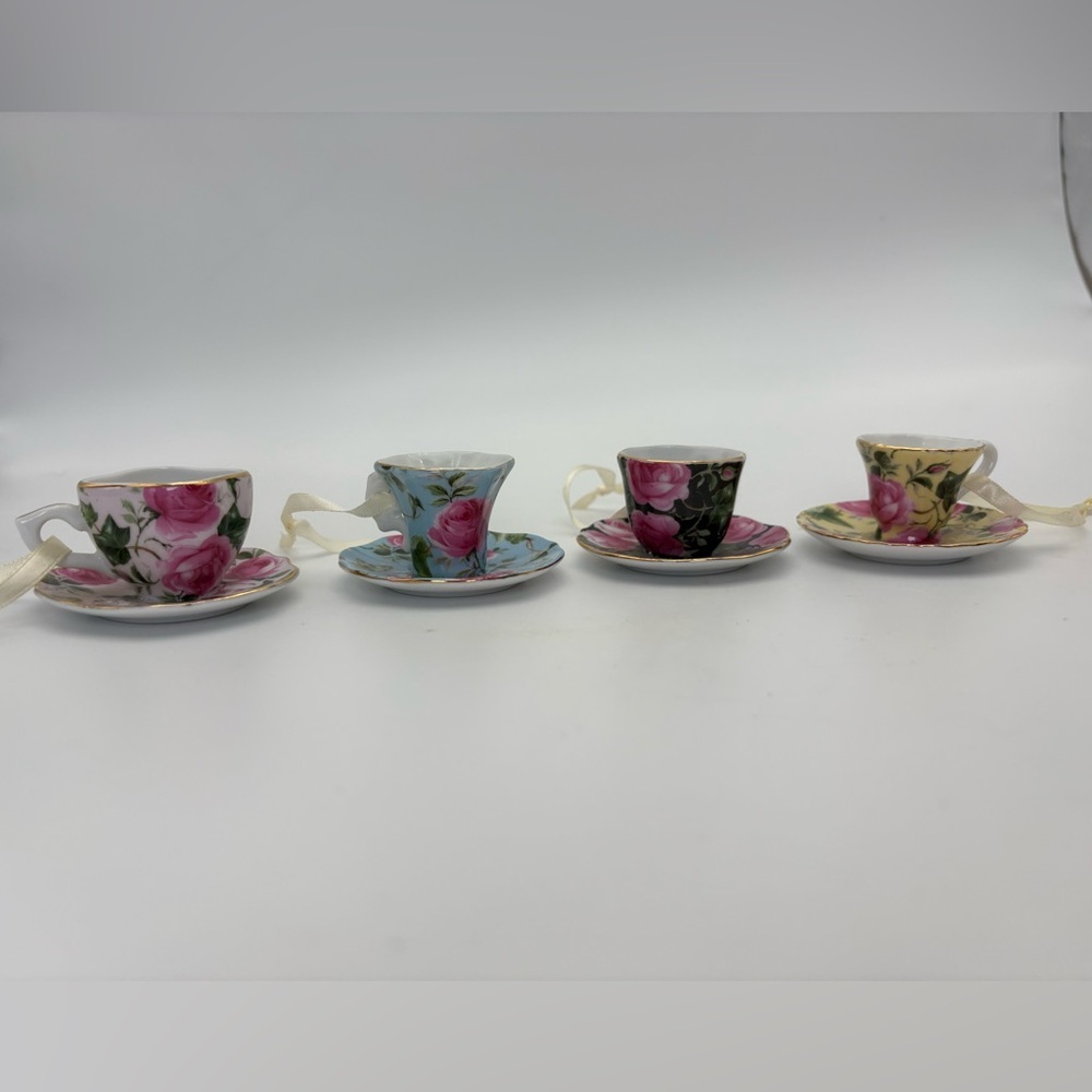 Set of 4 Floral Mini Teacup Ornaments - Pink Roses on Colorful Backgrounds - Picture 2 of 12